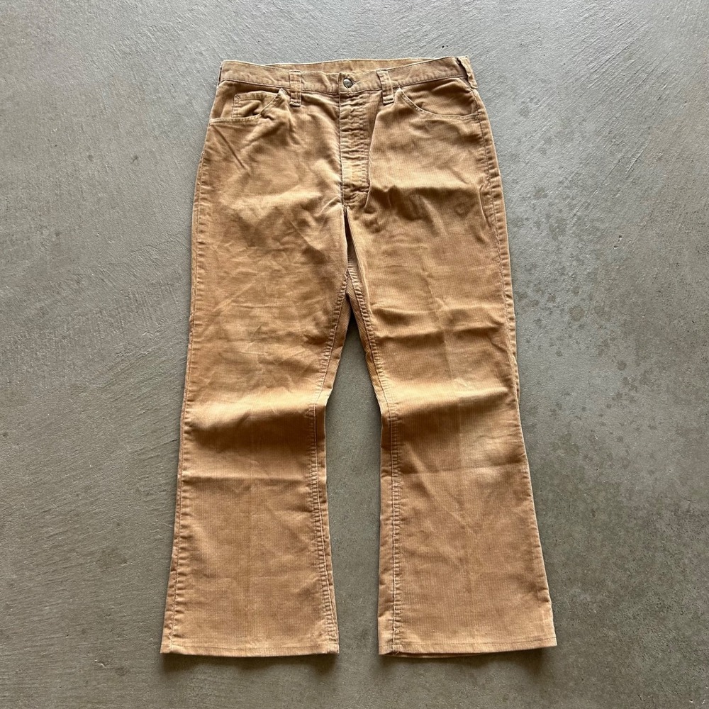 Vintage 70s Lee Corduroy Flare Pants Size 35x29 Tan Bootcut Fine Wale USA Made